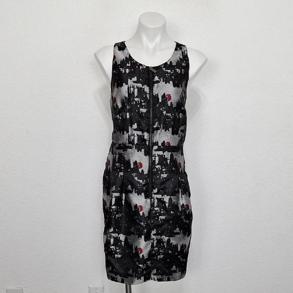 Michael Kors Preppy Black & Gray Abstract Cityscape Zip Front Designer Dress -14 - Picture 2 of 13